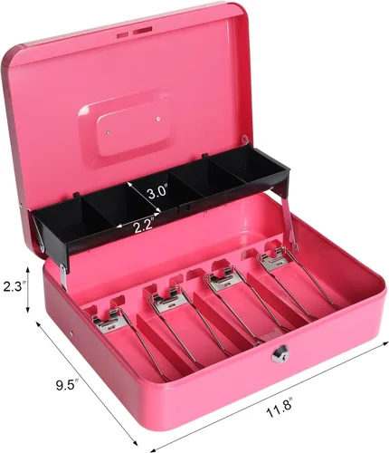 Vista 4 de Caja de dinero grande con bandeja de dinero y cerradura, caja de dinero de metal para efectivo, caja de seguridad de 11.8 x 9.5 x 3.54 pulgadas, rosa