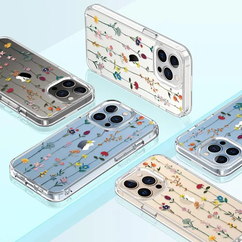 Vista 7 de Funda para iPhone 13 Pro Max con protector de pantalla, 6.7 pulgadas, transparente, a prueba de golpes, diseño floral, para niñas y mujeres