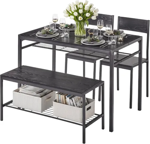 Vista 11 de VECELO Mesa de comedor de cocina con 2 sillas y banco, diseño compacto que ahorra espacio, marco de acero de fácil montaje, perfecta