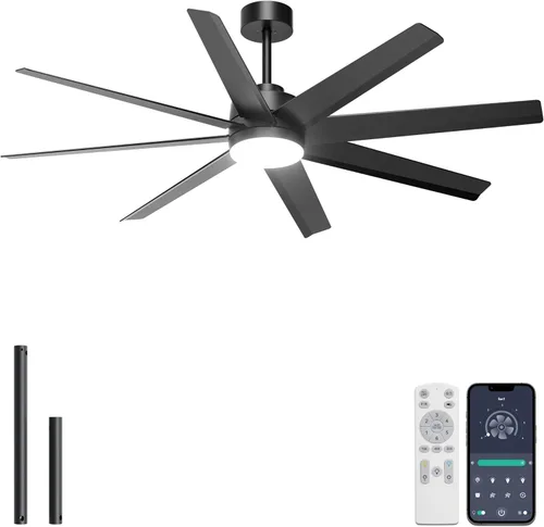 Vista 11 de Ohniyou Ventilador de techo de 60 pulgadas con luz, ventilador de techo blanco moderno de 8 aspas con control remoto y aplicación, regulable