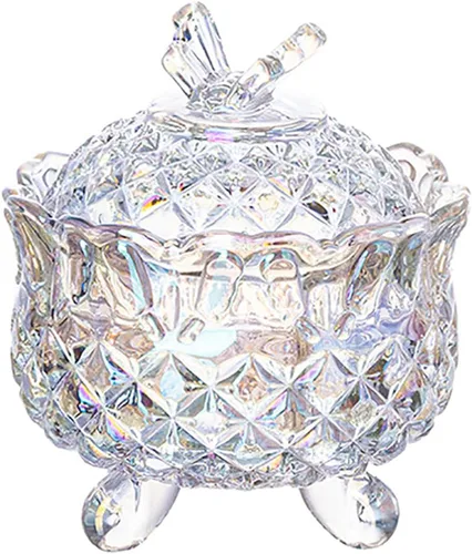 Vista 27 de Tarro de almacenamiento de caramelos de vidrio de cristal colorido con relieve, lujoso recipiente para buffet de galletas con tapas, caja