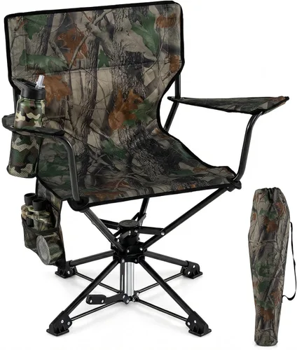 Vista 12 de Goplus Silla de caza giratoria de 360°, silla ciega plegable para adultos con portavasos y bolsa de transporte, sillas de camping ligeras