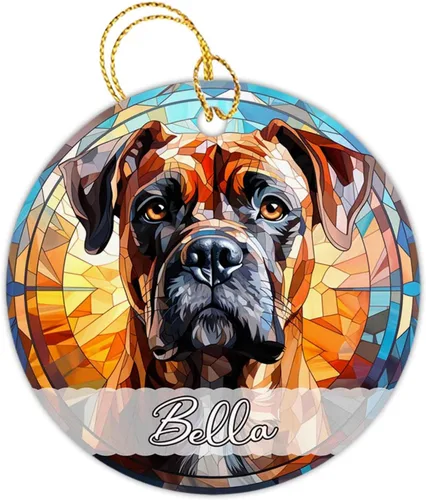 Vista 9 de Amstaff - Adornos personalizados para perros Amstaff para árbol de Navidad con nombre, adorno estilo vitral para perros, regalos para amantes