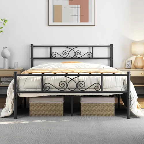 Vista 11 de Yaheetech - Base de cama, plataforma clásica de metal con cabecera y estribo - base de colchón con diseño floral para adultos, niñas, niños Negro