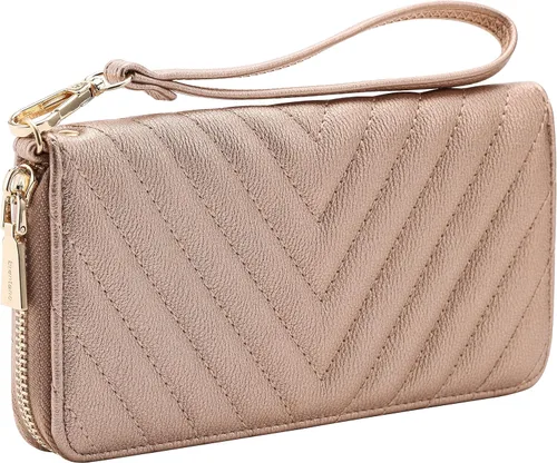 Vista 19 de Brentano Cartera delgada de cuero vegano con cremallera única bordada Chevron con correa extraíble para la muñeca Beige almendra