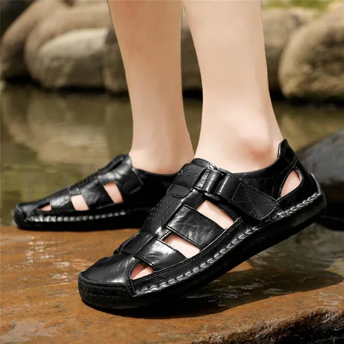 Vista 5 de GEXECEUSS Sandalias para hombre con punta cerrada, sandalias deportivas de cuero, sandalias de pescador, sandalias casuales para caminar al aire