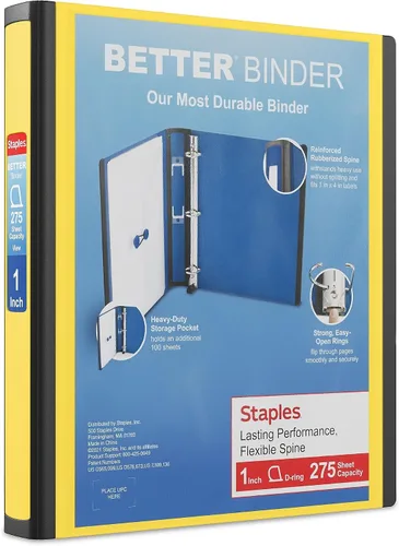 Vista 44 de Carpeta con anillos en forma de "D" de 1 pulgada para mejor visualización Staples, Negro