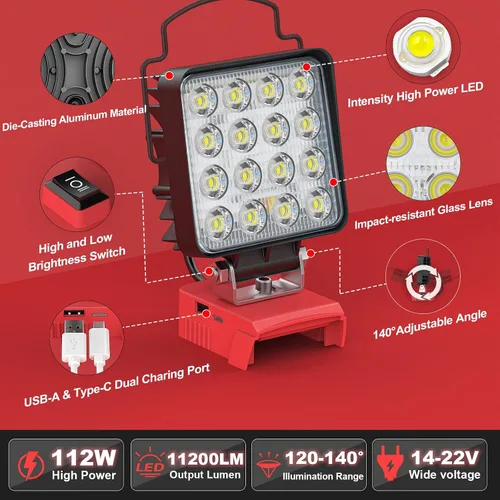 Vista 8 de MtiolHig Luz de trabajo LED inalámbrica compatible con batería Milwaukee de 18 V - Luz de construcción de inundación portátil de emergencia