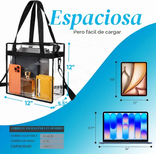 Vista 3 de Handy Laundry Bolsa transparente de 12 x 6 x 12 pulgadas, aprobada para estadios, con cierre superior y correas para el hombro, para trabajo Negro