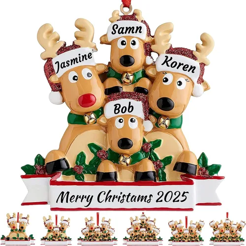 Vista 13 de Adorno personalizado de ciervo para árbol de Navidad, familia de 2,3,4,5,6,7,8 nombres, lindo reno de Papá Noel, decoración de Navidad 2025, regalo