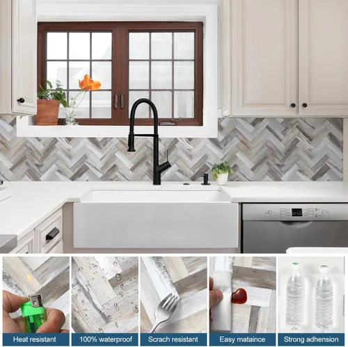 Vista 7 de Yipscazo 10 Láminas de Azulejos Adhesivos con Patrón de Madera en Espiga para Salpicadero de Cocina, Azulejos de PVC Resistentes al Calor