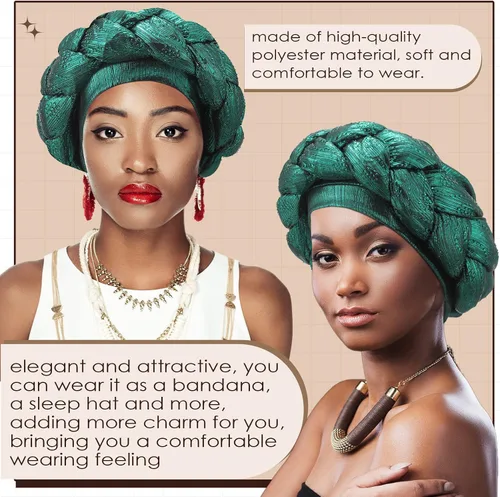 Vista 4 de 4 unidades de turbante africano para mujeres y niñas, con cristales trenzados, suaves y trenzados, para mujeres, talla M