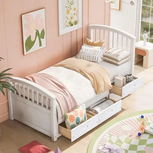 Vista 13 de Cama de almacenamiento de plataforma de tamaño individual, sofá cama de capitán con 6 cajones y base de cama individual con cabecera y estribo