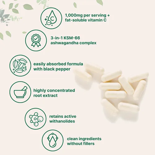 Vista 3 de KSM-66 Ashwagandha 1,000 mg por porción 120 cápsulas vegetales con pimienta negra para una mejor absorción y vitamina C liposoluble Extracto