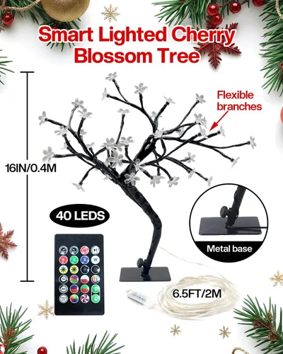Vista 5 de Lámpara LED inteligente RGB con diseño de árbol de cerezo, bonsái iluminado por USB de 16 pulgadas para escritorio, temporizador de sincronización