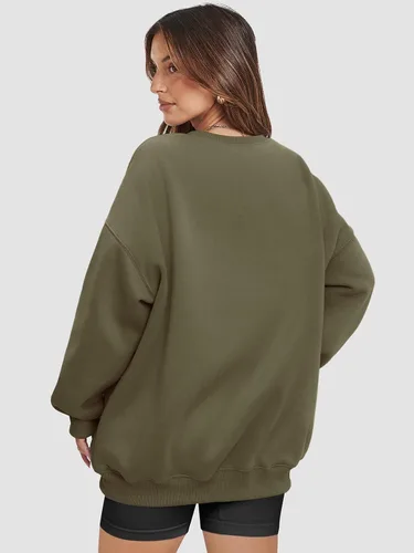 Vista 4 de ATHMILE Sudadera de gran tamaño para mujer, cuello redondo, forro polar, manga larga, sudaderas con capucha, tops de otoño, ropa de moda 2023
