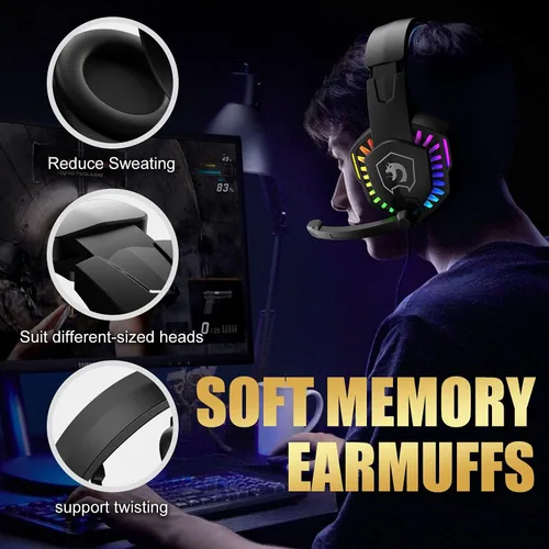 Vista 4 de Combo de teclado y mouse con cable para juegos, teclado con retroiluminación LED arcoíris, auriculares sobre la oreja con micrófono, mouse