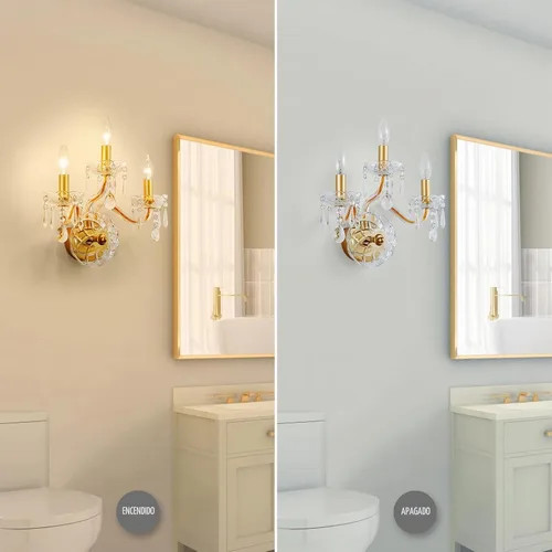 Vista 4 de WUZUPS Apliques de pared de 3 luces para dormitorio, sala de estar, baño, base E12, dorado