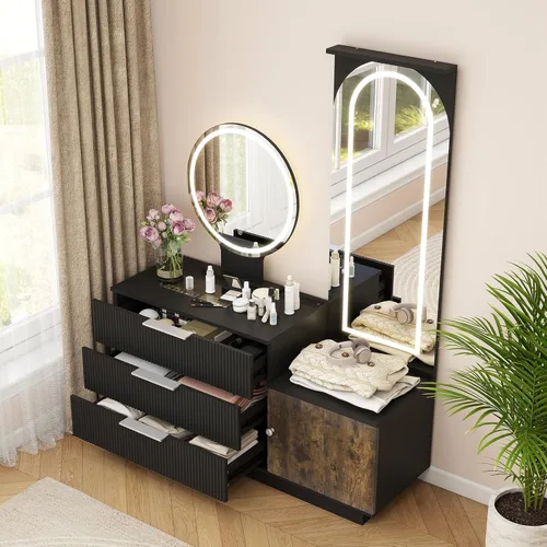 Vista 5 de ARTETHYS Escritorio de tocador con espejo y luces, tocador de maquillaje negro con estación de carga y espejo de longitud completa con parte