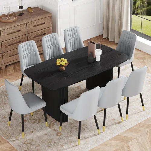 Vista 33 de Juego de mesa de comedor moderno para 4, juego de mesa de comedor negro de 67 pulgadas con mesa ovalada de madera de 3.5 pulgadas de grosor y base
