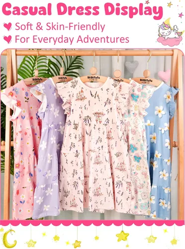 Vista 3 de Vestido casual para niñas, de algodón suave, manga corta, transpirable, acampanado, para adolescentes, talla 2T, 3T, 4T, 5, 6, 7, 8, 9, 10, 12, 13