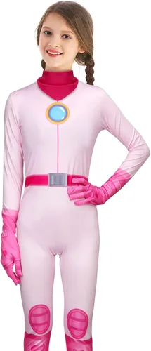 Vista 2 de Tappkice Disfraz de melocotón rosa para niñas, disfraz de princesa Toadstool para niñas, uniforme de batalla, disfraz de Halloween y cosplay