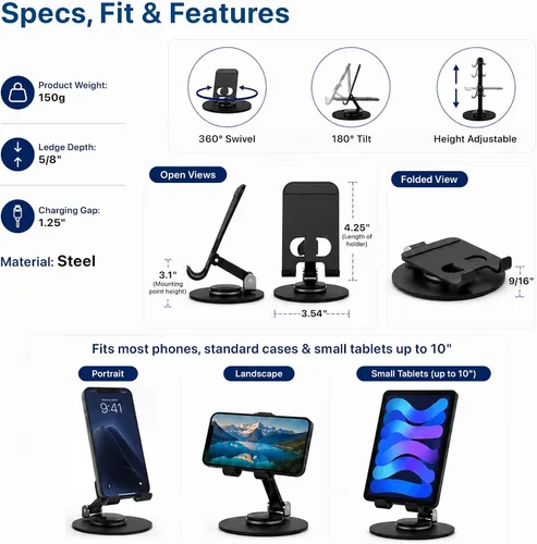 Vista 5 de Uncaged Ergonomics Adjustable/Foldable Swivel Phone Stand for Desk (Black)