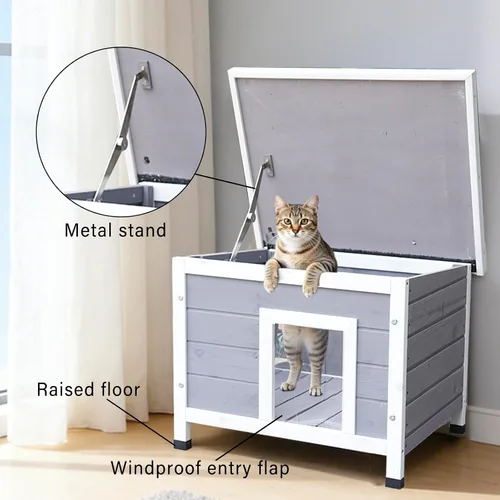 Vista 3 de Casa de madera maciza para gatos y perros, cabaña para mascotas al aire libre para conejos, gatitos y perros pequeños, cortina resistente al viento