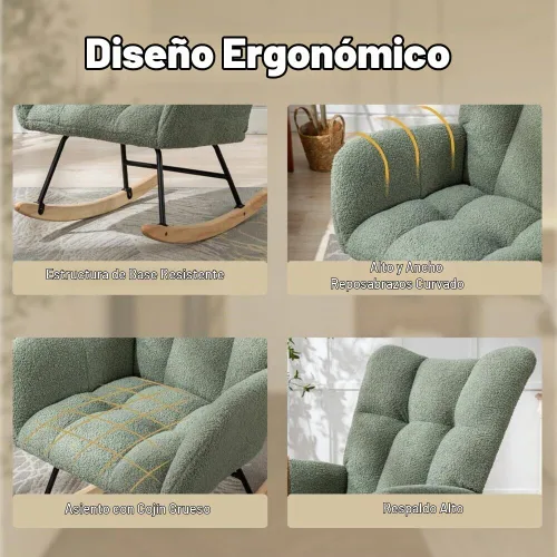 Vista 5 de Mecedora de cuarto de bebé con asiento deslizante tapizado en estilo oso de peluche, con respaldo alto, sillón acento con cómodo bolsillo lateral