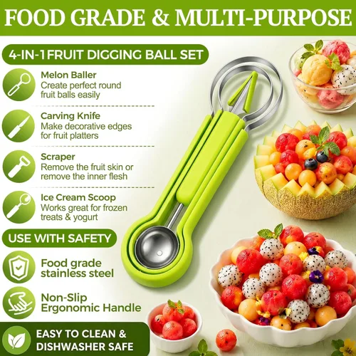 Vista 3 de Juego de palas de melón Suuker, 4 en 1 cortadores de frutas con formas, cuchara de sandía, cuchara de frutas y pelador de bolas, herramientas