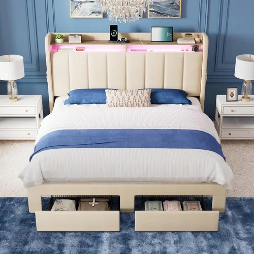 Vista 3 de Allewie - Marco de cama vertical tapizado con plataforma de tamaño matrimonial, con cabecera con almacenamiento de 2 niveles y luces LED, 2 cajones