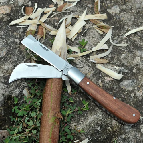 Vista 2 de Cuchillo de jardín y cuchillo de injerto Linsen-outdoors con doble hoja para uso zurdo y diestro, el diseño clásico con cómodo mango de palisandro