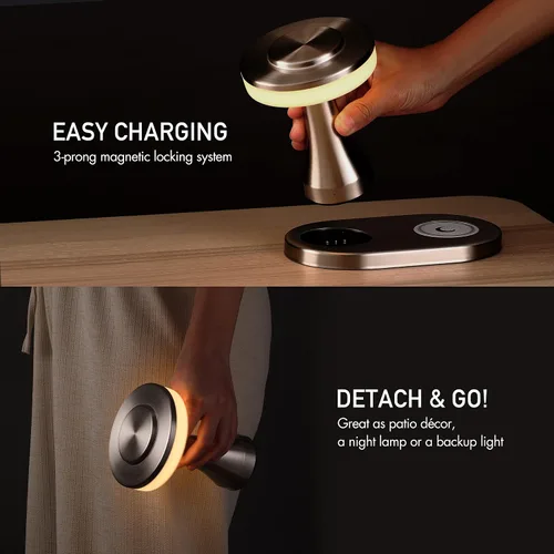 Vista 3 de O'Bright - Lámpara de mesa LED portátil con almohadilla de carga inalámbrica, lámpara de noche regulable y recargable, luz ambiental para plateado