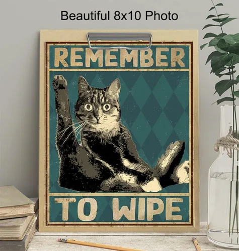 Vista 4 de Divertida decoración de baño de gato, póster con texto en inglés "Remember to Wipe Cat", decoración de pared de baño, decoración de pared de baño