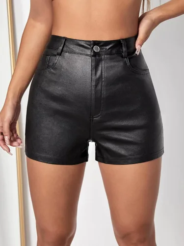 Vista 4 de MakeMeChic Pantalones cortos de mezclilla ajustados elásticos con aspecto de cuero de cintura alta para mujer