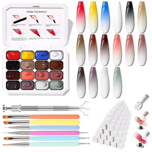 Vista 10 de Esponjas Pat Paleta de Esmalte de Uñas en Gel, 16 Colores Mezclado Degradado Ombré Esmalte en Gel Dando Toques Pintura Degradada Arte de Uñas, Sin