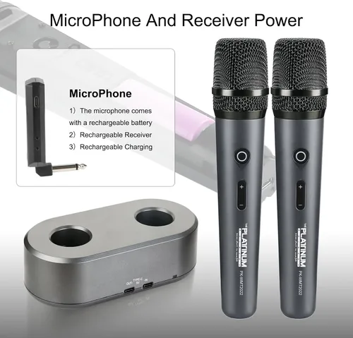 Vista 8 de Micrófono inalámbrico platino para entrada de micrófono UHF Metal Dinámico Micrófono multipropósito con base y receptor recargable Rango de 160 pies