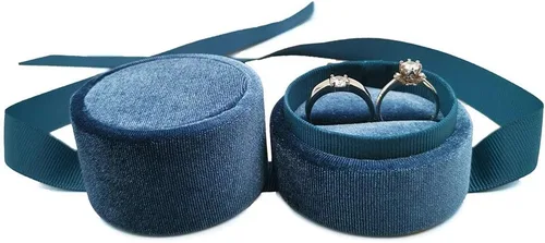 Vista 2 de Beatilog Caja de anillos de terciopelo Hermosa caja redonda para anillos de boda con elegante lazo de cinta, organizador de regalos