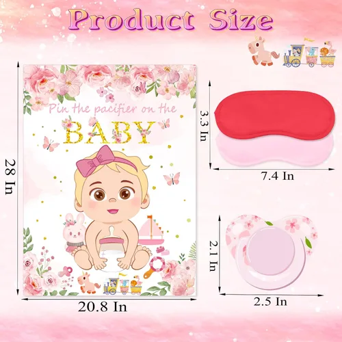 Vista 5 de Juego Pon el Chupete al Bebé Rosa Juego de Baby Shower Decoraciones para Fiesta Incluye Póster Grande 30 Pegatinas de Chupete Juego para Baby