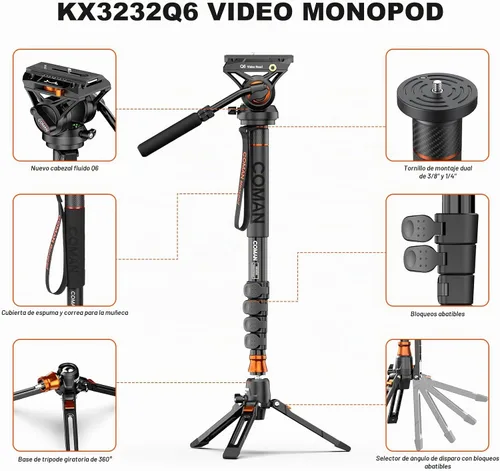 Vista 5 de Monopod de cámara profesional con pies, monopie de video de viaje portátil de aluminio de 73.2 pulgadas con base de trípode extraíble, carga máxima