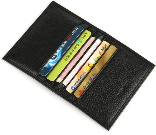 Vista 4 de Cartera de piel súper delgada negra para hombres o mujeres, soportes finos para dinero, carteras para tarjetas de identificación con 8 ranuras
