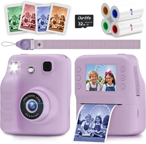 Vista 8 de Cámara a color para niños, impresión instantánea, cámara instantánea con papel fotográfico de 4 colores, video HD de 1080P y cámaras digitales