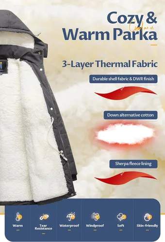 Vista 3 de CREATMO US Abrigo de invierno de sherpa grueso para mujer, chaqueta de nieve cálida con capucha extraíble