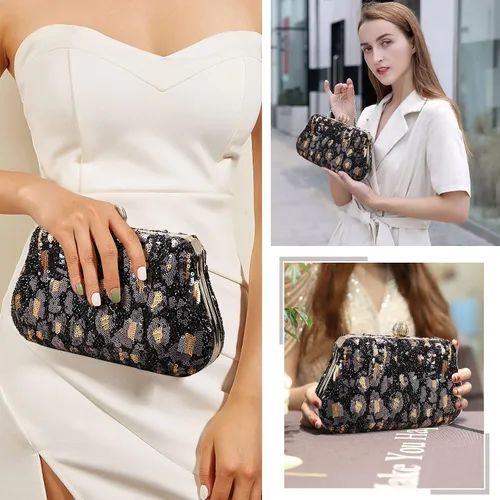 Vista 7 de Bolso de noche de lentejuelas brillantes para mujer, bolso de hombro con estampado de leopardo, bolso de fiesta de graduación