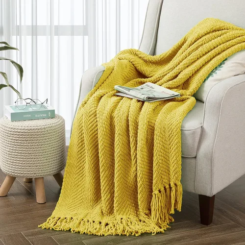 Vista 24 de Manta de punto suave con textura para sofá, manta de tweed crema con borlas de flecos para decoración del hogar, cama, sofá, silla, 50 x 60 Blanco