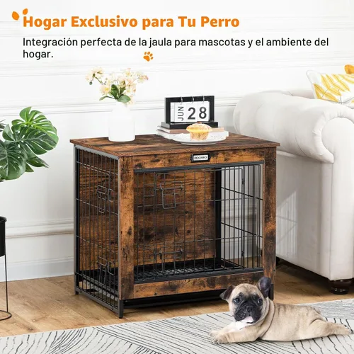 Vista 2 de Mueble de jaula para perros, perrera pequeña de 25.5 pulgadas para interiores, jaula de madera con bandeja extraíble, mesa auxiliar lateral que