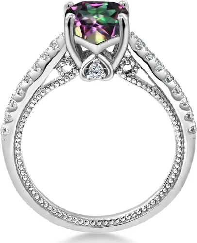 Vista 3 de Gem Stone King Anillo de compromiso de plata de ley 925 con topacio místico verde y zafiro blanco creado para mujer