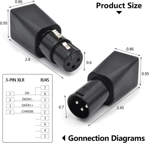 Vista 3 de (4 unidades) macho adaptador XLR de 3 pines Conector DMX a RJ45 a Ethernet, negro
