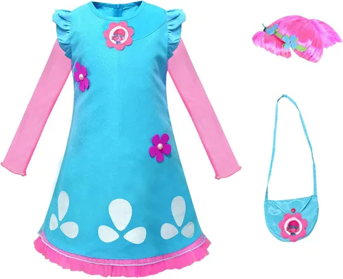 Vista 3 de HuangWeida Disfraces de amapola de princesa disfraz de amapola para niños vestido de Halloween para niñas peluca y bolsa 3 piezas 4-6 años