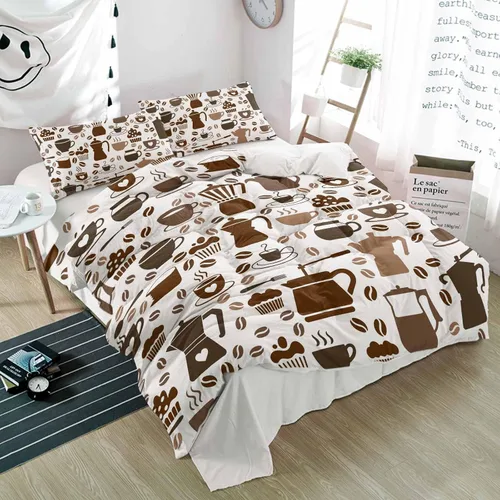 Vista 5 de Duvet Cover Set Twin, Coffee Maker Beans Cups Cake 3 Piece Bedding Set Breathable Quilt Cover Set, Coffee Time Soft Microfiber Bed Set with Pillow